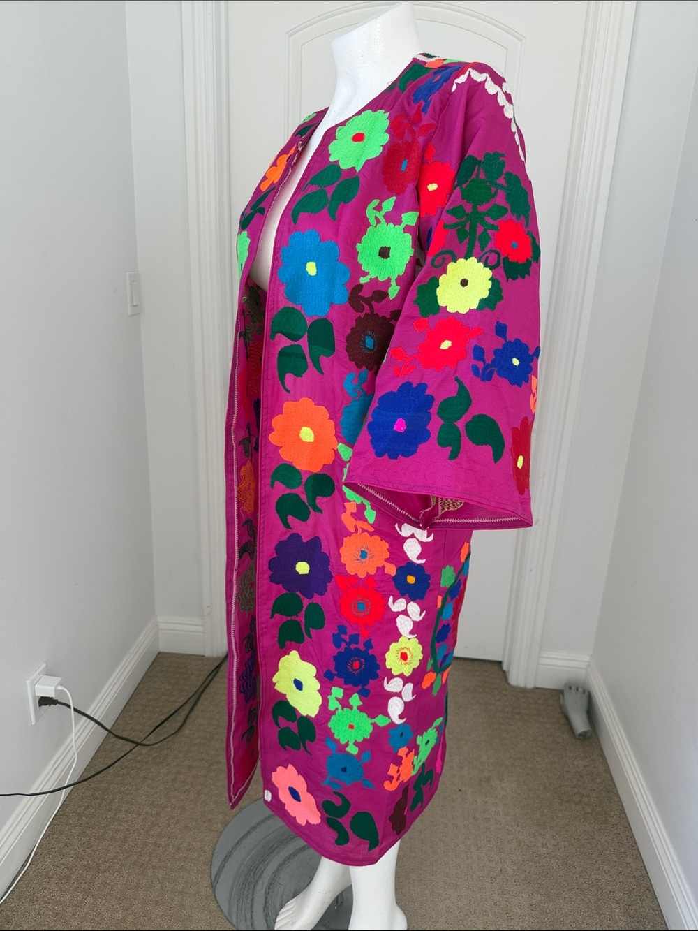 Vintage 70s Afghan Hand Embroidered Coat Floral Boho Folk Art Duster Maxi - Picture 8 of 11